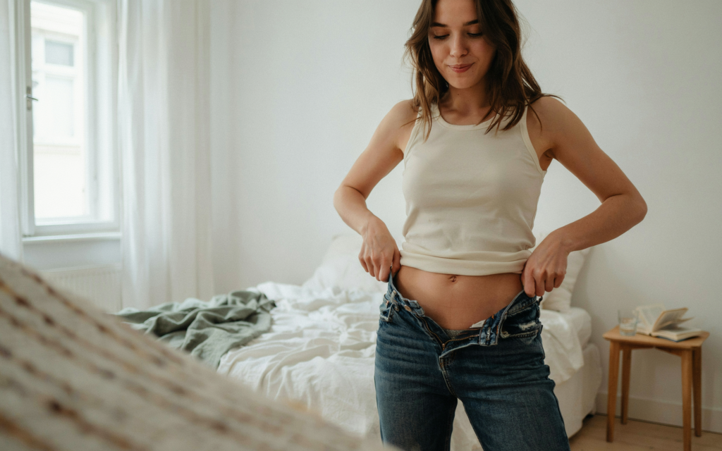 Woman fitting into jeans after a tummy tuck
